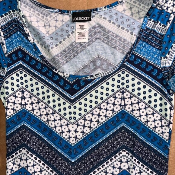 Joe Boxer Women Sm Blue White Chevron Geometric Fit Flare Short Sleeve Dress (U) - Picture 2 of 6